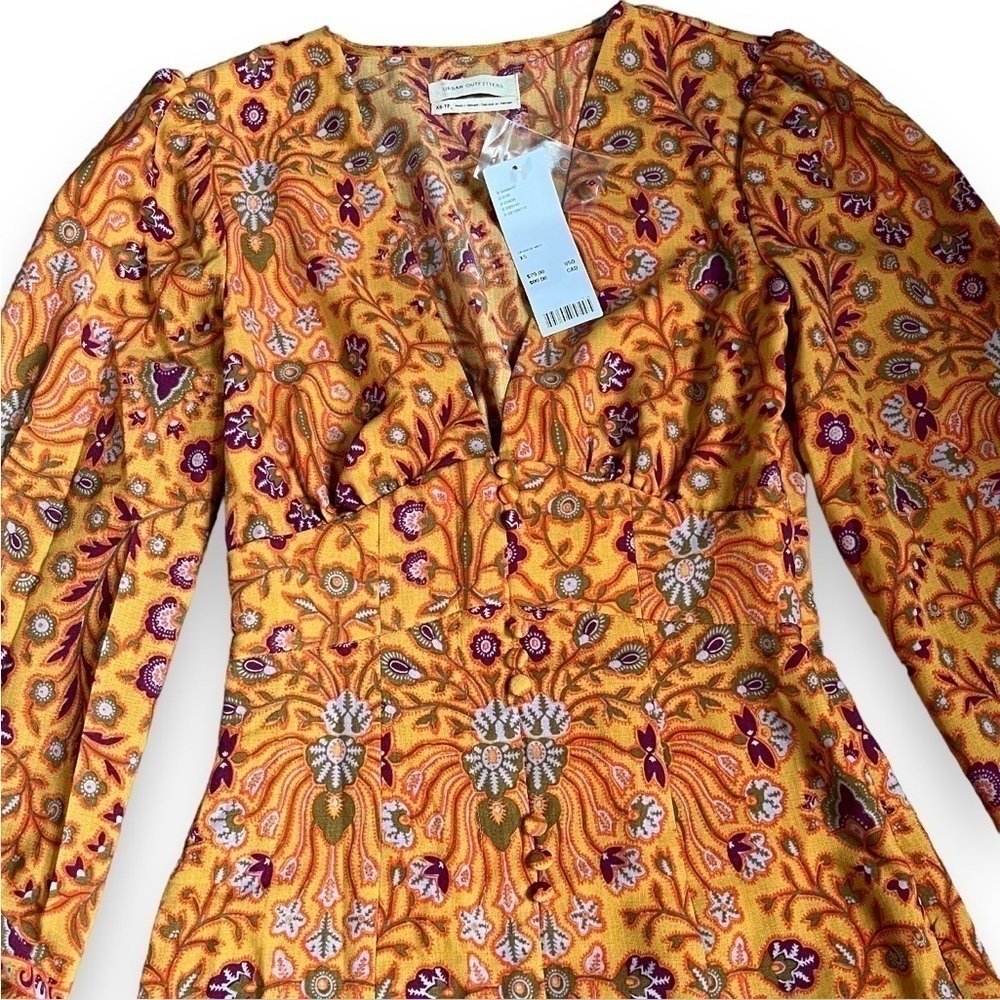 NWT Urban Outfitters Orange Floral 70s-Inspired Mini Dress XS - Picture 6 of 9